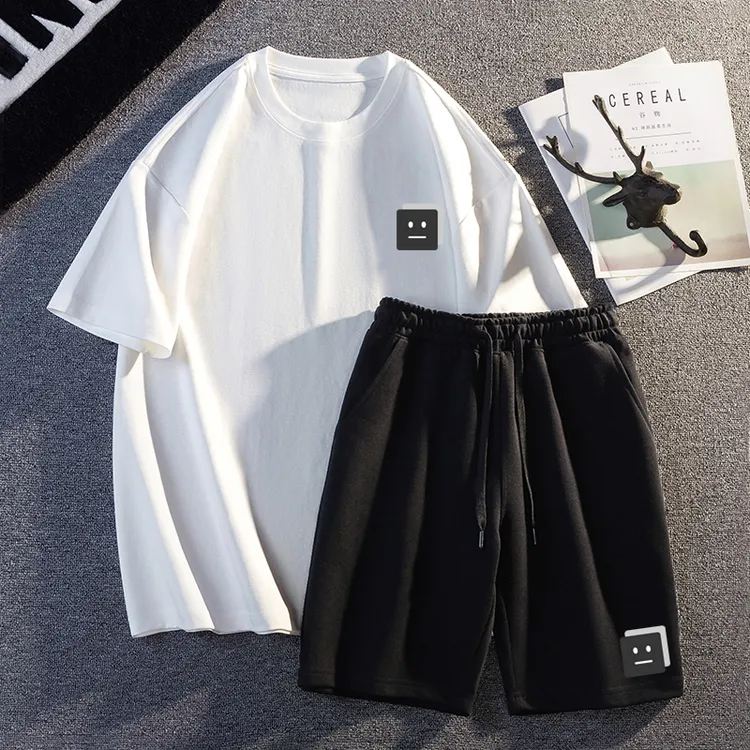 2025夏新款男士纯棉短袖T恤休闲运动套装男款T上衣松紧短裤两件套