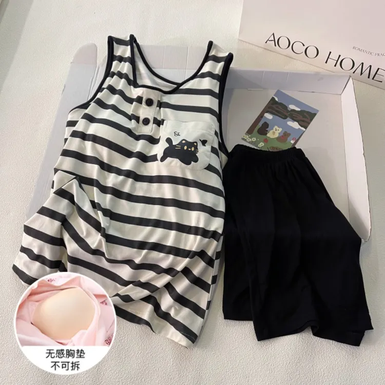 睡衣女夏季可外穿韩系背心短裤大码凉感带胸垫家居服条纹黑猫套装