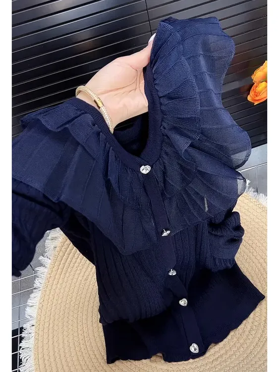 荷叶边设计蓝色长袖气质优雅上衣女秋季法式休闲百搭修身针织衫