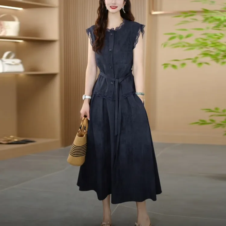 天丝麻法式小众轻奢女装2025夏季新款收腰显瘦时尚两件套连衣裙子