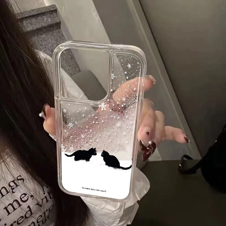 奥菲顿雪地两只黑猫流沙手机壳适用苹果17P华为P80vivo小米17oppo