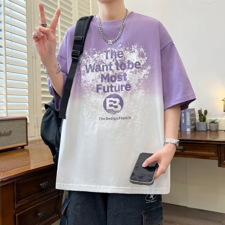 夏季新款渐变男士短袖T恤港风时尚潮流学院风百搭青少年学生半袖
