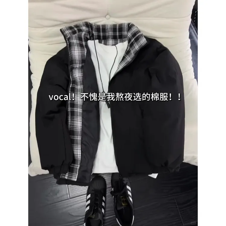 cleanfit黑色格子拼接短款棉服男款冬季立领面包服高级感棉衣外套