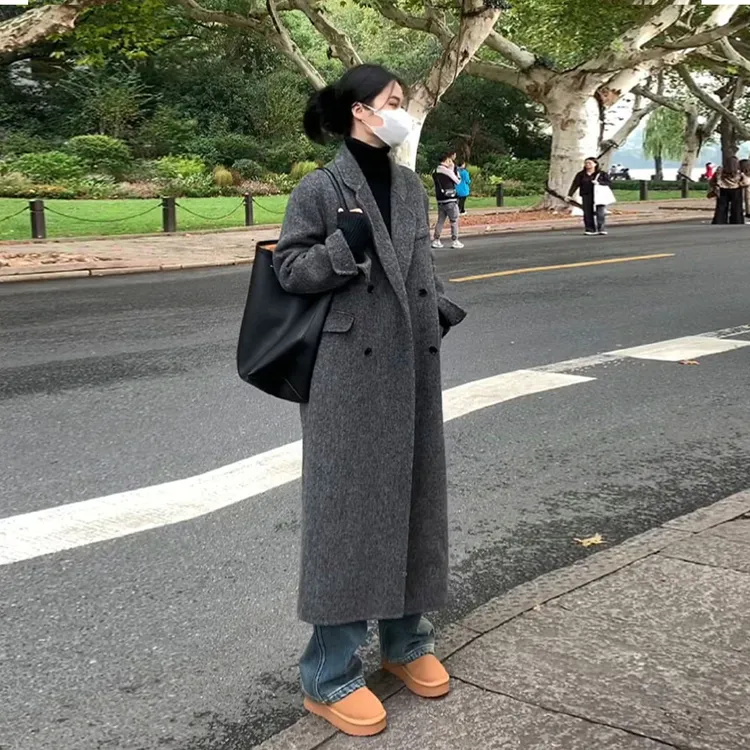 灰色呢子大衣女秋冬高级感2025新款小个子中长款加厚韩版毛呢外套