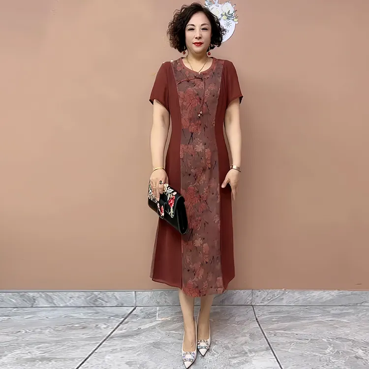 高级垂坠感碎花长裙子中老年新款印花拼接圆领连衣裙夏季时尚女装