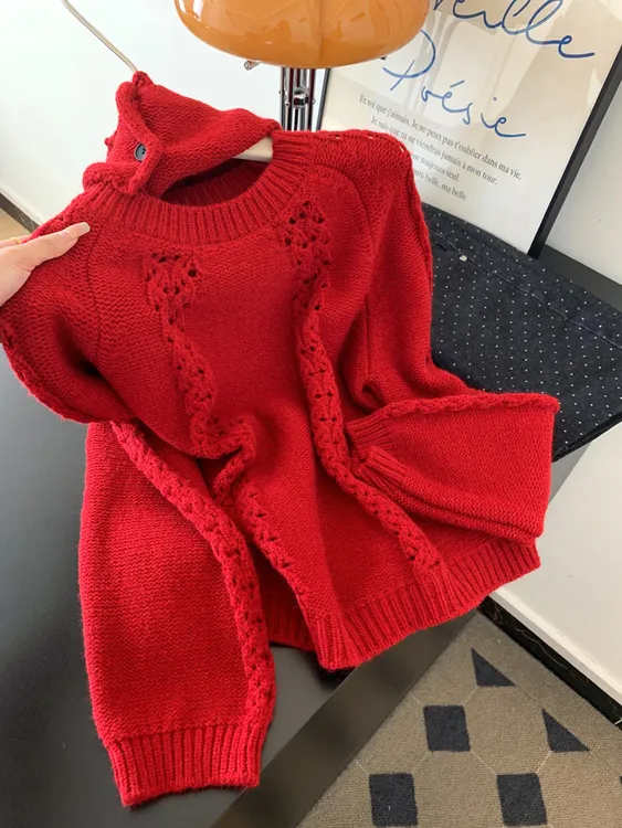 本命年红色镂空套头针织衫毛衣女2025秋冬季可外穿内搭慵懒风上衣