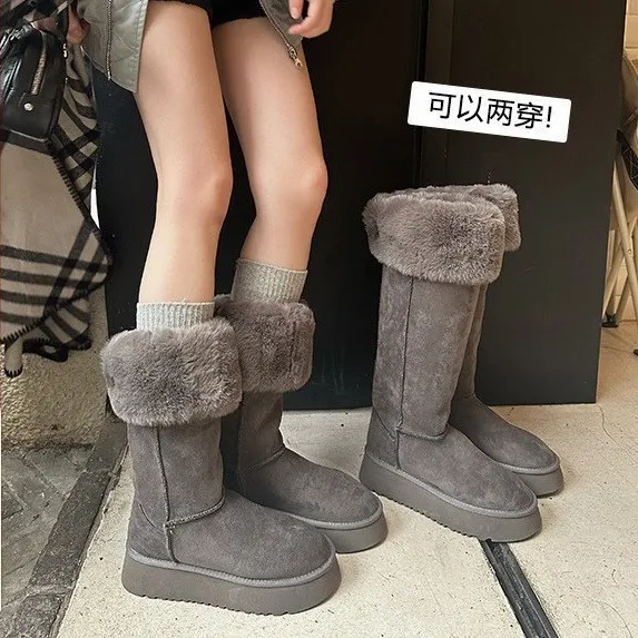 UHCK灰色高筒雪地靴女2025新款冬季厚底长靴加绒加厚保暖棉靴