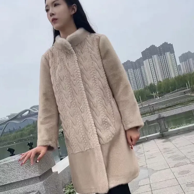 秋冬新款中长款大衣双色毛毛麻花高档皮毛一体妈妈外套