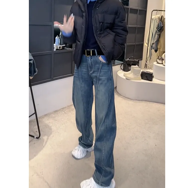 2025秋季大码弯刀牛仔裤女宽松显瘦直筒阔腿裤腿粗遮肉拖地裤长裤