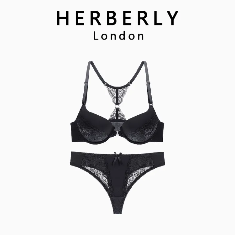 英国 HERBERLY 蕾丝美背前扣韵味内衣性感大码纯色纯欲文胸套装