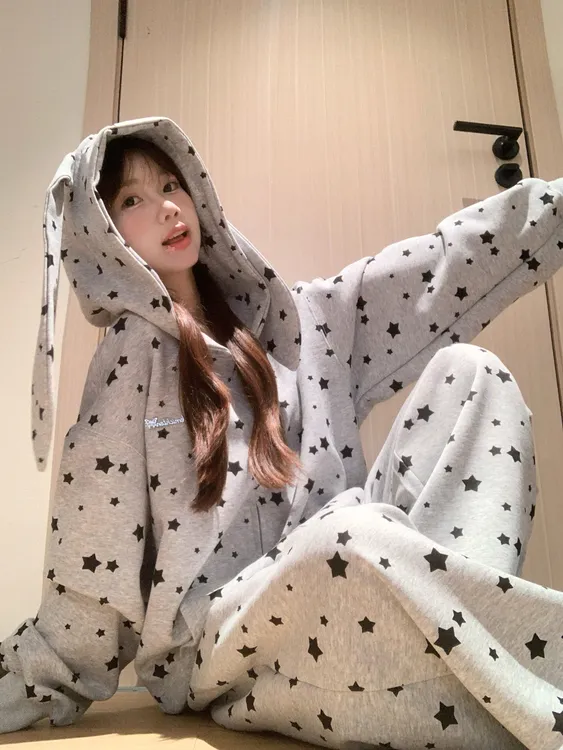【DMXJ大梦想家】星星印花兔耳朵连帽睡衣女早秋新款宽松家居服套装