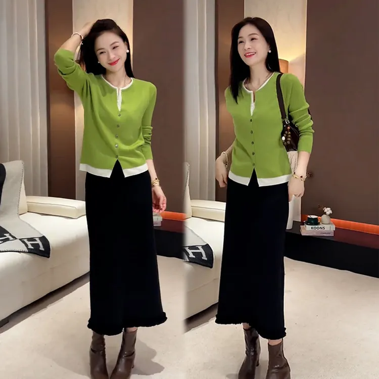 2025秋季新款设计感慵懒一整套长袖假两件开衫女休闲半身裙两件套