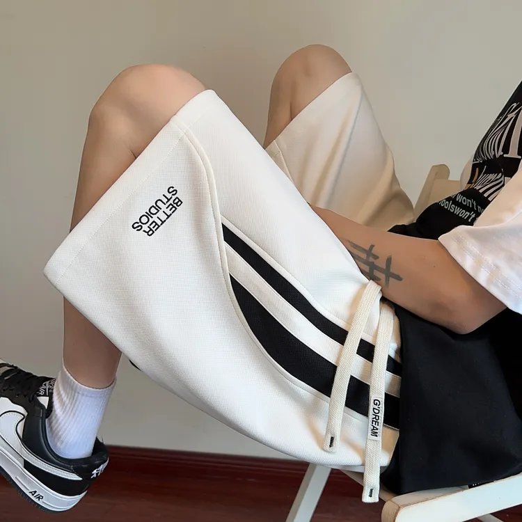 条纹拼接短裤男款夏季2025新款潮牌美式刺绣五分裤子宽松休闲中裤