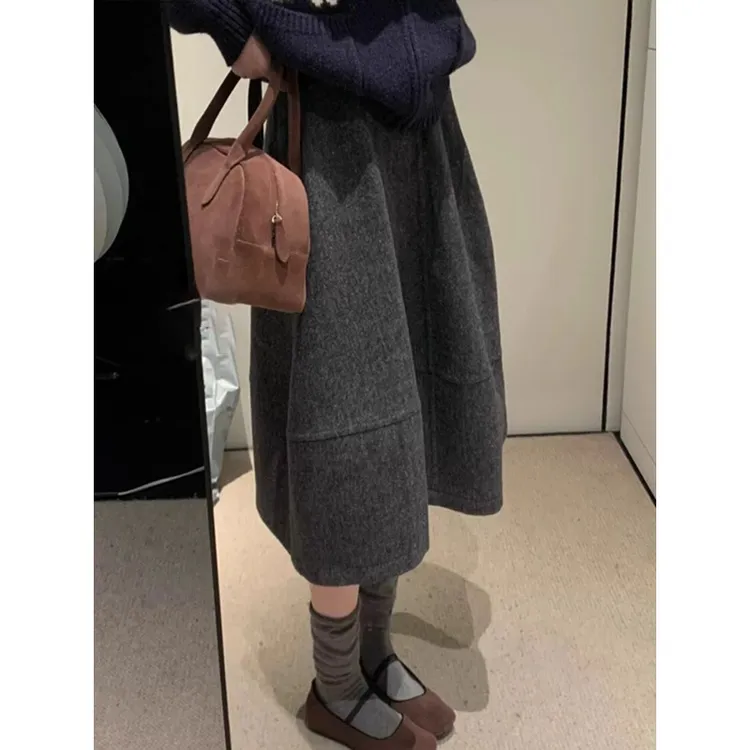 深灰色毛呢半身裙女◆2025秋冬季新款高腰显瘦花苞长裙