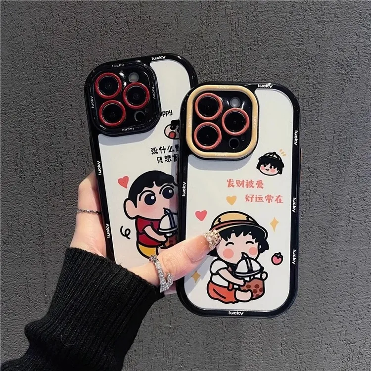 情侣喝奶茶小新小丸子适用苹果16手机壳华为新款vivo高级小米OPPO
