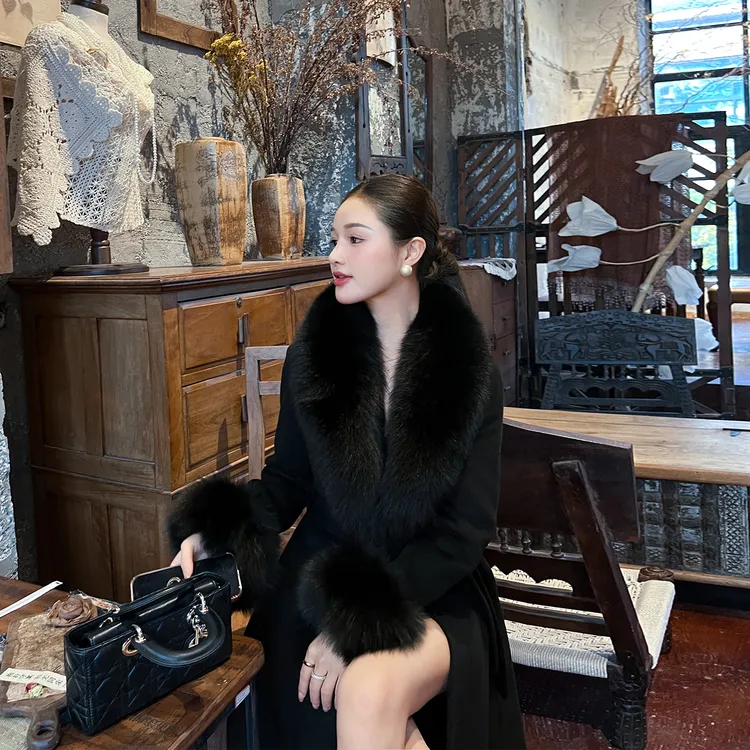 黑色大毛领双面羊绒大衣女冬新款韩版宽松高级感轻奢气质毛呢外套