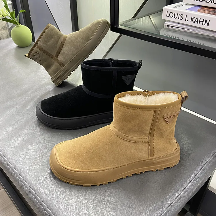 冬季金属侧拉链男鞋真皮羊毛一体保暖雪地靴丑萌高帮马丁靴面包鞋