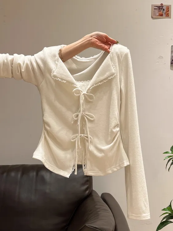 假两件蕾丝绑带拼接针织衫女2025年秋冬季新款褶皱设计感外套上衣