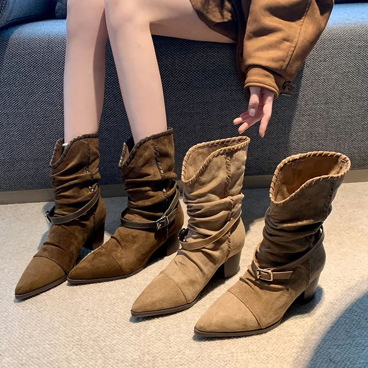 阿7专属2025新款堆堆靴胖mm粗腿西部牛仔绒面马丁靴加宽大码女鞋41-43