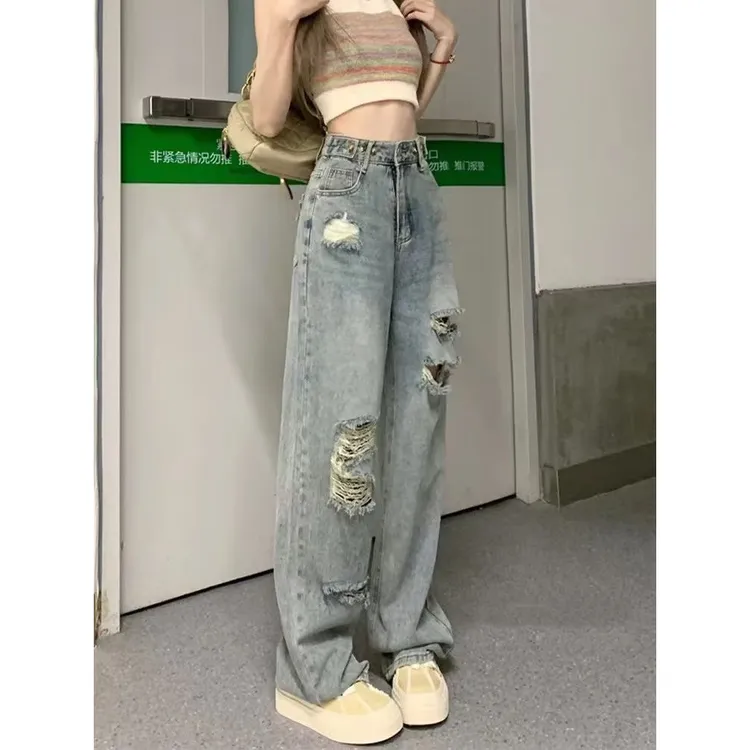 破洞牛仔裤女新款拖地裤设计感小众加长版宽松阔腿裤子百搭显瘦