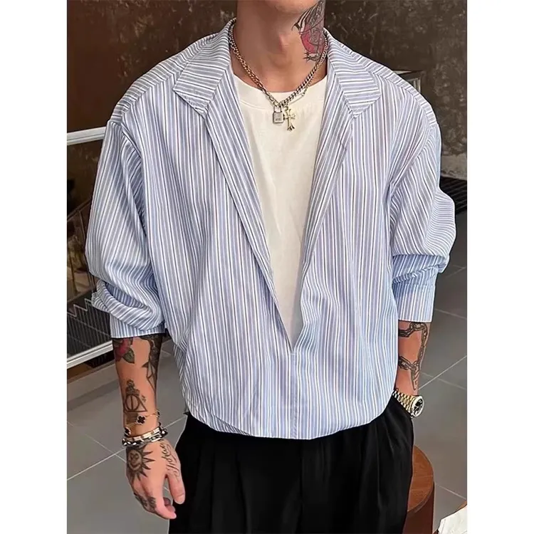 浅蓝色假两件V领长袖衬衫男款cleanfit老钱风高级感老钱风古巴领