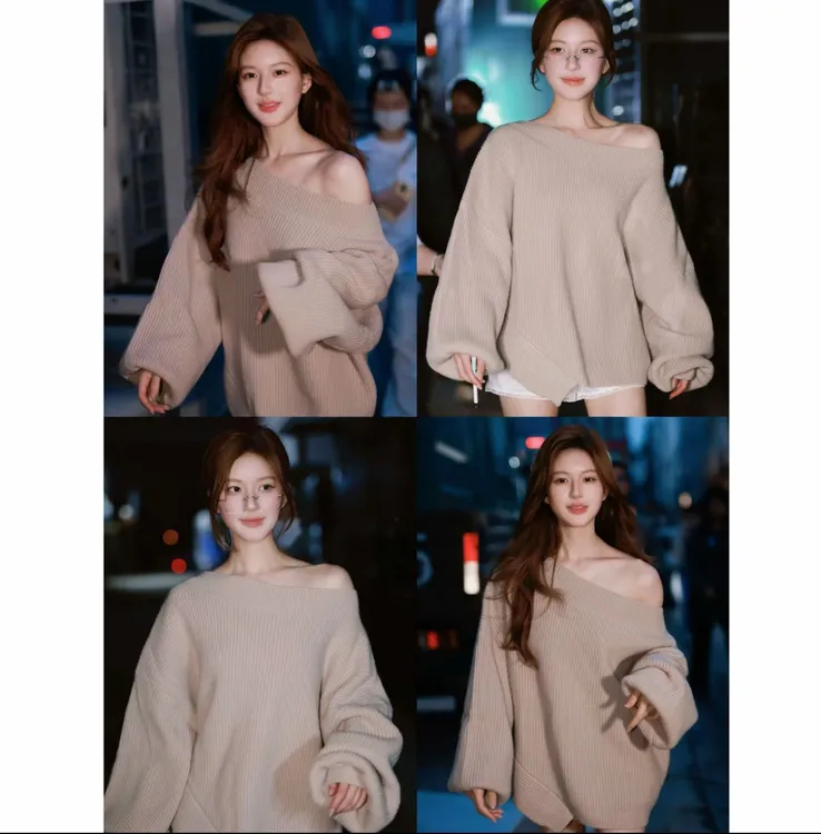 【许我耀眼】露思同款心机女孩一字领斜肩毛衣宽松慵懒上衣女22901#