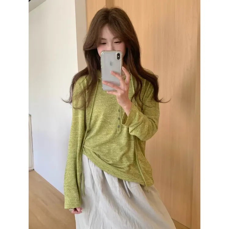 衣天堂 色织双纱连帽T恤女 早春新款宽松显瘦收腰垂顺百搭上衣T恤