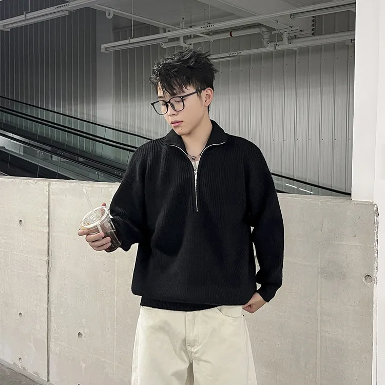 美式潮牌半拉链毛衣男2025新款秋冬慵懒风休闲宽松立领套头针织衫