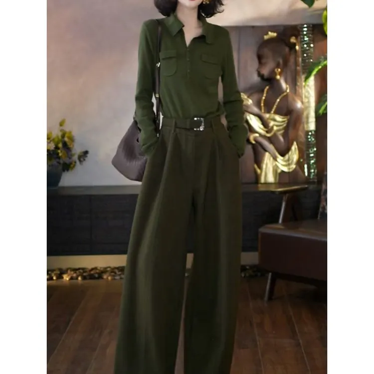 简约百搭裤套装女2026冬季新款时尚休闲显瘦POLO领针织衫+阔腿裤