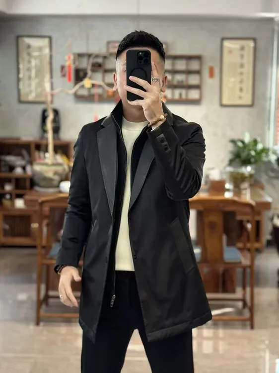 25719欧货冬季高端定制可拆卸针织领拼羊皮鹅绒一手长男士羽绒服