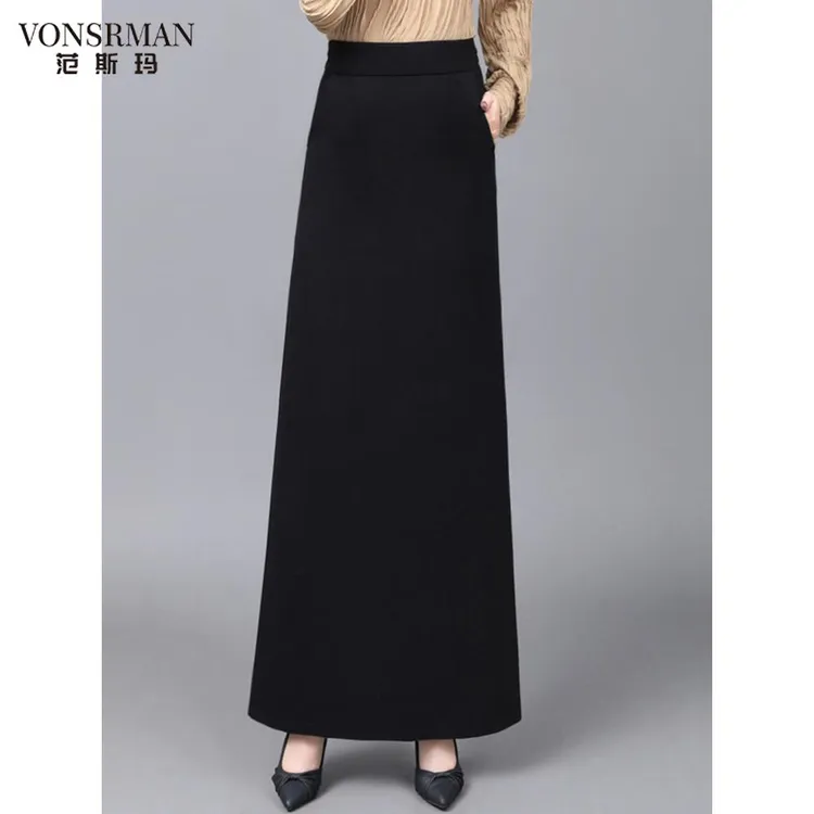 秋冬半身裙女加长版黑色简约A字长裙高腰显瘦不开叉长款裙子垂感v