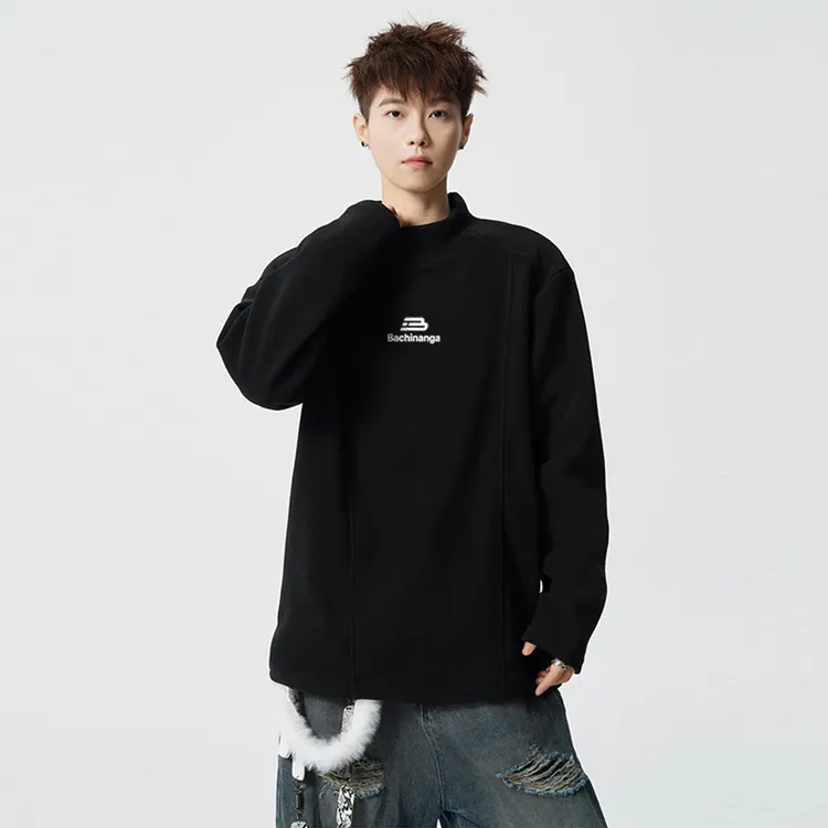 毛茸茸德绒纯色秋冬季加绒加厚长袖半高领打底衫内搭男白色T恤女