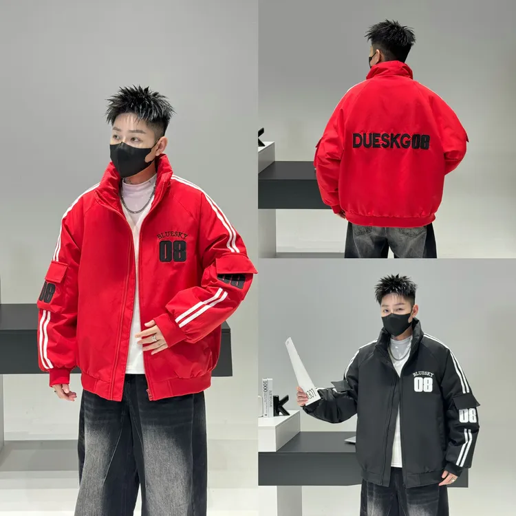 青少年男生冬季加绒痞帅立领拼条刺绣休闲外套潮流夹克072