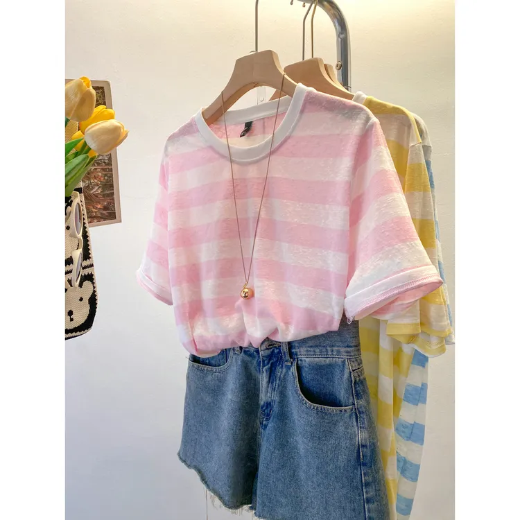 雪花棉条纹短袖T恤女200斤大码胖mm夏季宽松2025新款半袖上衣