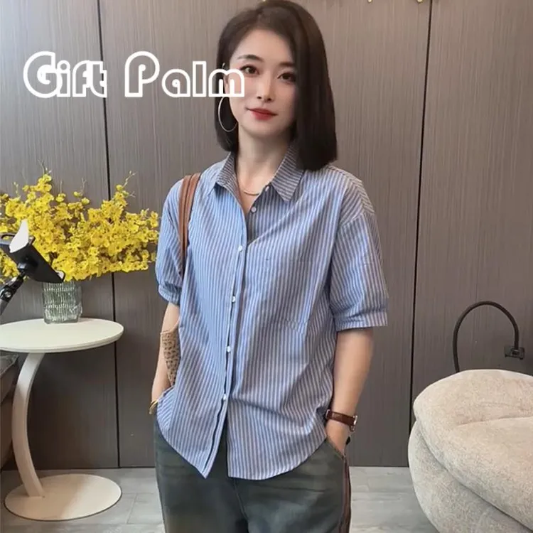 GiftPalm2025夏季新款女士蓝白条纹短袖衬衫小个子轻薄气质上衣服