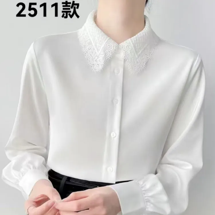 秋季新款女士法式复古黑色长袖蕾丝领透气开衫衬衫设计感洋气百搭