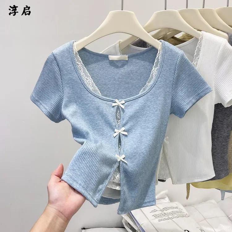 淳启夏装新款纯欲甜辣短款设计感假两件蝴蝶结蕾丝短袖恤女上衣潮