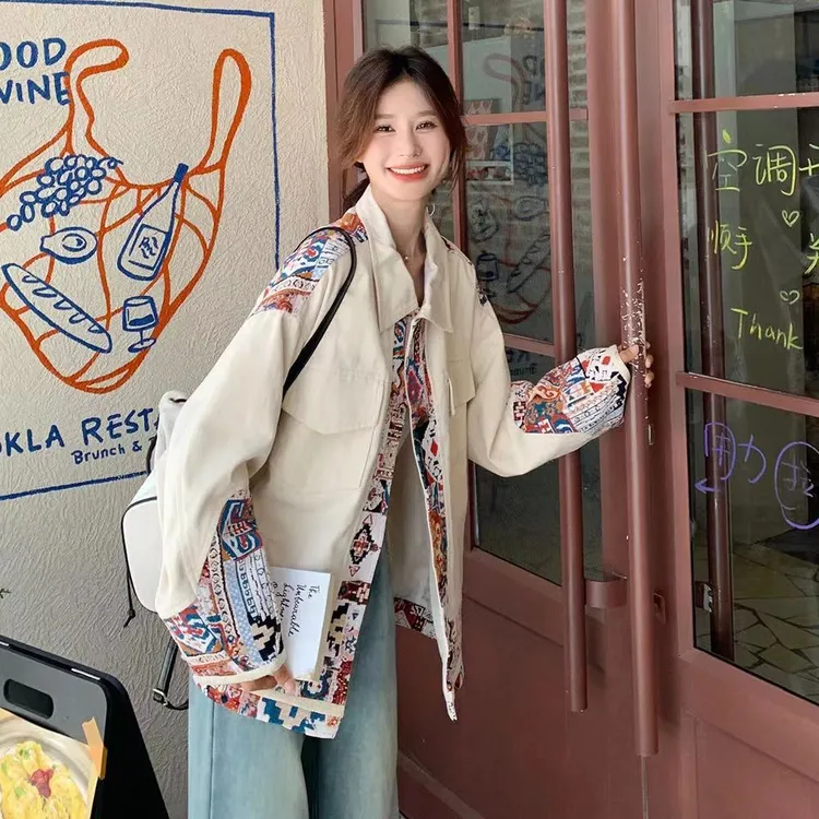 美式复古设计感民族风拼接工装翻领外套女秋款宽松百搭夹克上衣潮