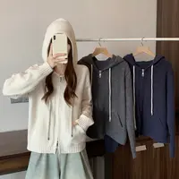连帽双拉链针织衫口袋正肩长袖开衫毛衣上衣2025大码胖MM秋季新款