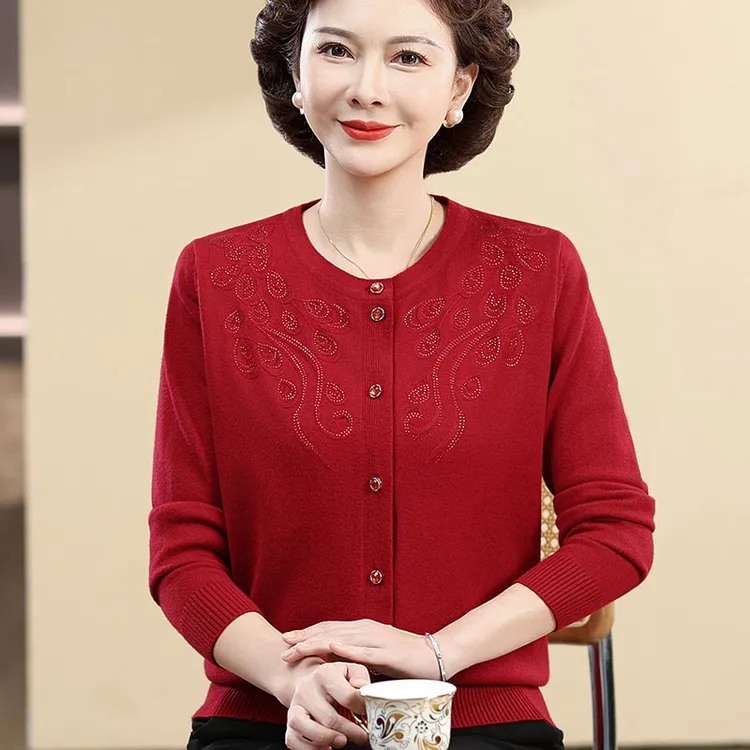 中老年女秋冬圆领宽松开衫新款妈妈装针织薄外套本命年女红色上衣