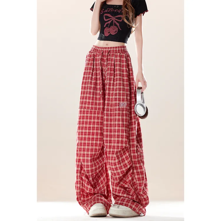 自然涩美式复古红色弯刀格子裤女春夏宽松慵懒风垂坠感阔腿休闲裤