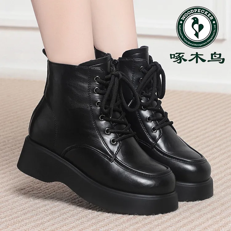 啄木鸟厚底马丁靴女妈妈鞋子加绒保暖短靴百搭冬季靴子松糕底棉靴