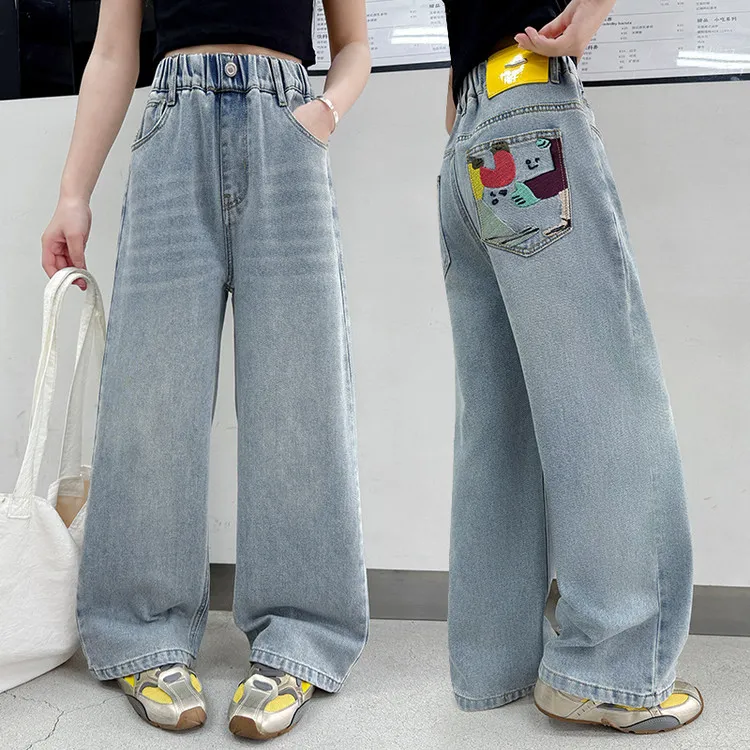 女童牛仔裤春秋儿童阔腿裤宽松韩版中大童装女孩直筒休闲裤子洋气