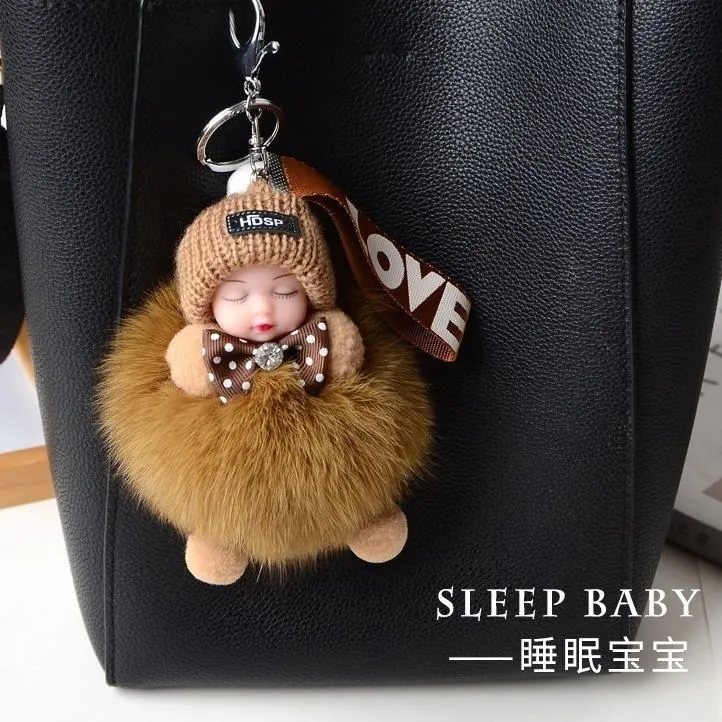 新款百搭仿狐狸毛高级网红钥匙扣睡眠娃娃包包配件毛绒挂件皮草yj