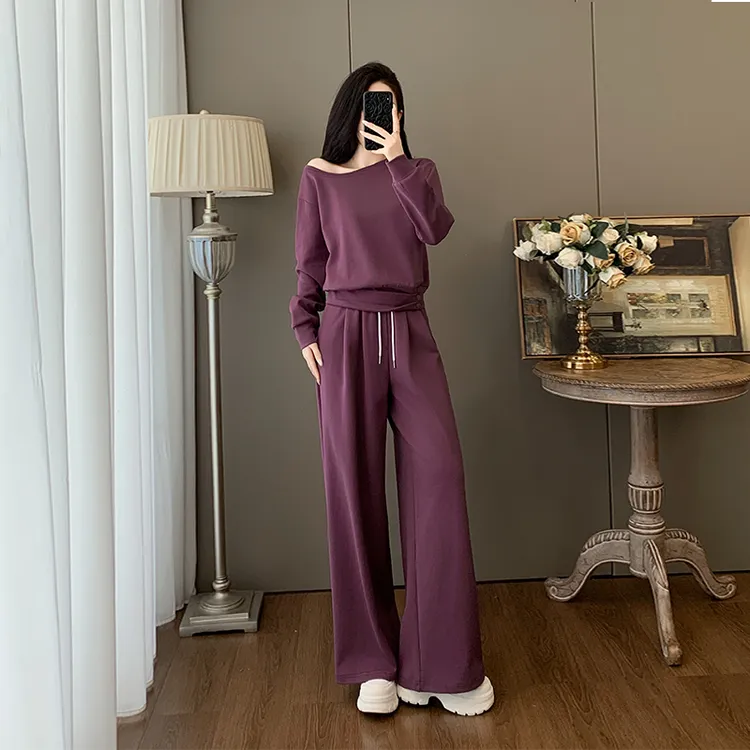 紫色早秋穿搭一整套女装高级感斜肩洋气减龄显瘦运动休闲两件套装