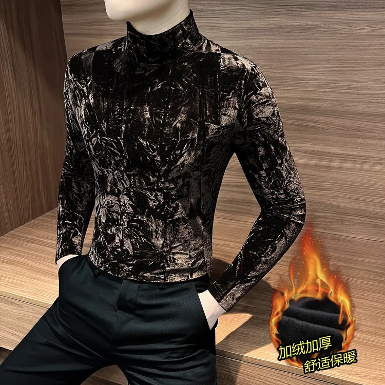 金丝绒半高领男士长袖t恤秋冬季加绒加厚舒适保暖内搭男款打底衫