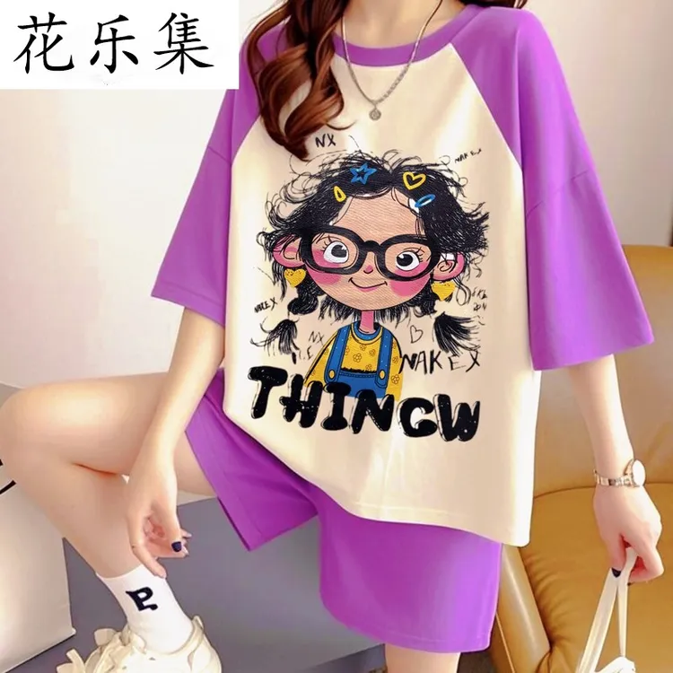 花乐集卡通美女夏季半袖套头常规宽松套装可家居可外穿遮肉显瘦