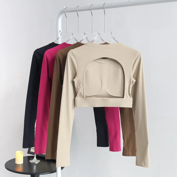 性感露背瑜伽服上衣女带胸垫气质运动高级感普拉提训练健身长袖