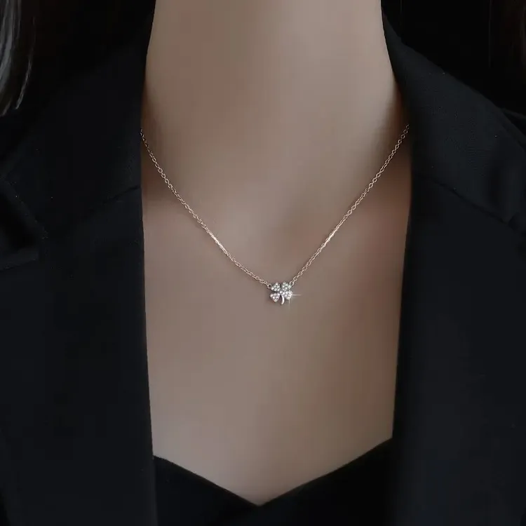 坠链均足银合成锆石 999足银四叶草项链项链女款轻奢小众设计银饰
