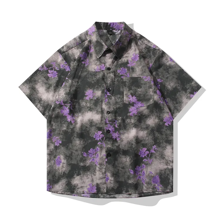 中式复古渐变冰丝短袖衬衫夏季男士垂感透气宽松衬衣潮流酷帅男装